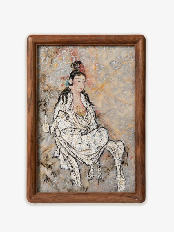 ManoMade White Robe Guanyin Marble Lacquer Painting