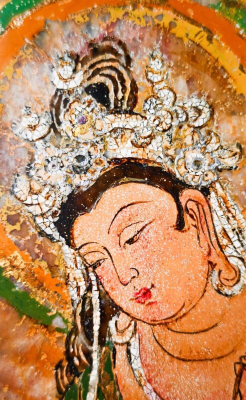 ManoMade Willow Holding Bodhisattva marble lacquer painting face headdress closeup detail Buddhist art