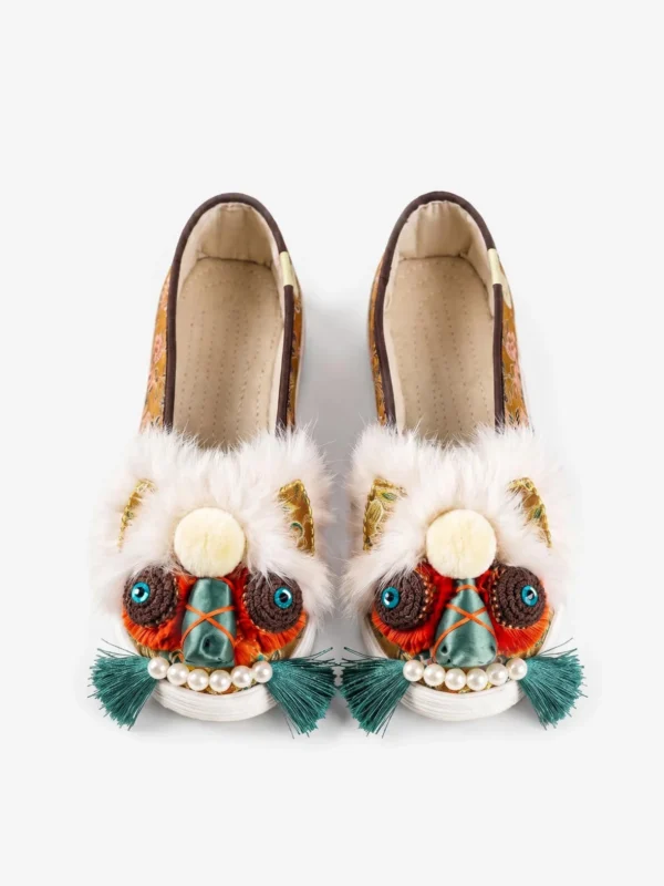 ManoMade Statement Lion Head fuzzy slippers bold brocade slip-on Chinese artisan footwear