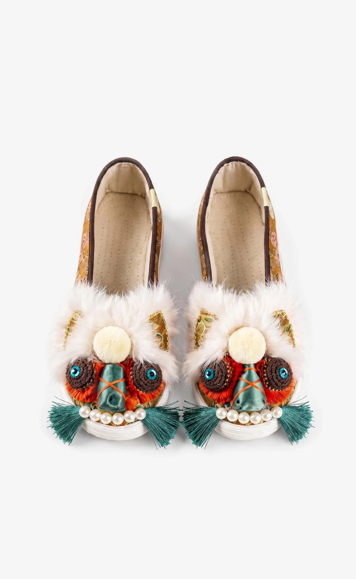 Statement-Lion-Head-Fuzzy-Slippers--Bold-Brocade-Slip Blessings Abound — Song Brocade Slippers - Image 1