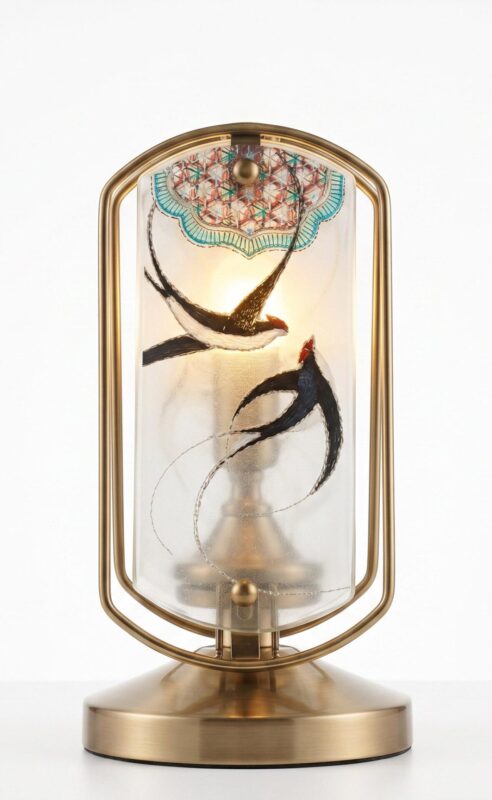 ManoMade Swallows in Flight - Handcrafted Stained Glass Table Lamp - Dunhuang Art Style Brass Accent Lamp