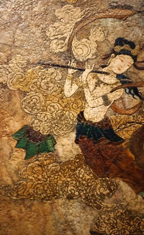 ManoMade Double Flying Apsaras marble lacquer painting musician instrument detail Dunhuang art