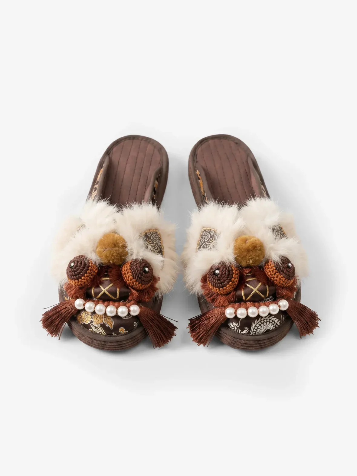 brown-dragon-brocade-handmade-slippers-paired-lifestyle-cover Brown Dragon Brocade—Hand-Embroidered Silk Slippers - Image 1