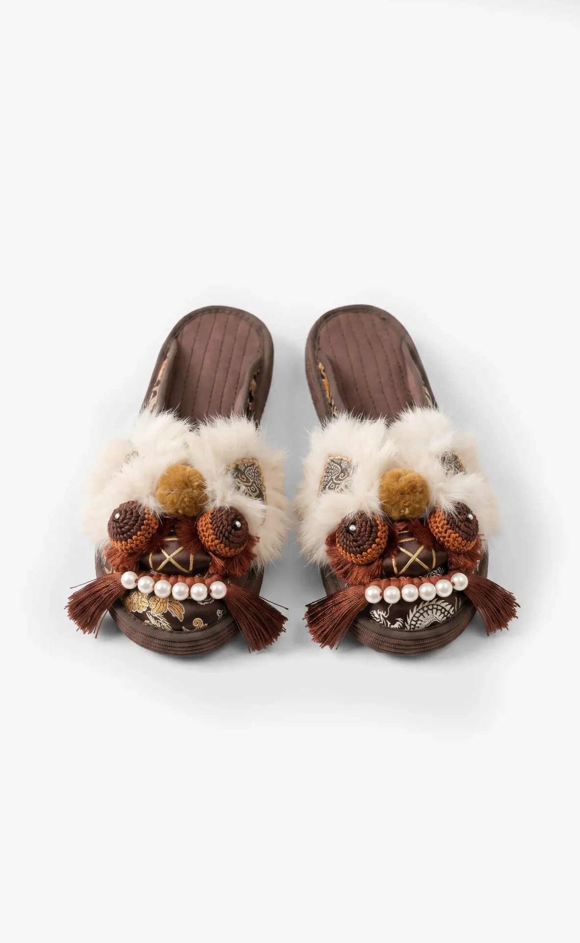 brown-dragon-brocade-handmade-slippers-paired-lifestyle-cover Brown Dragon Brocade — Hand-Embroidered Silk Slippers - Image 1