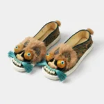 Brown Gold Lion — Hand-Embroidered Silk Slippers