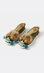 Brown Gold Lion — Hand-Embroidered Silk Slippers