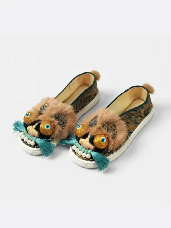 ManoMade brown gold lion hand-embroidered silk slippers closeup detail