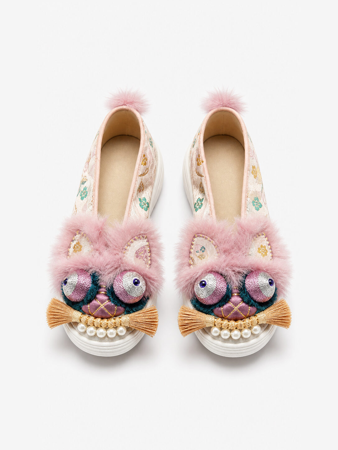mythic-beast-front--manomade ManoMade Mythic Beast brocade embroidered slippers front view artisan Chinese slippers