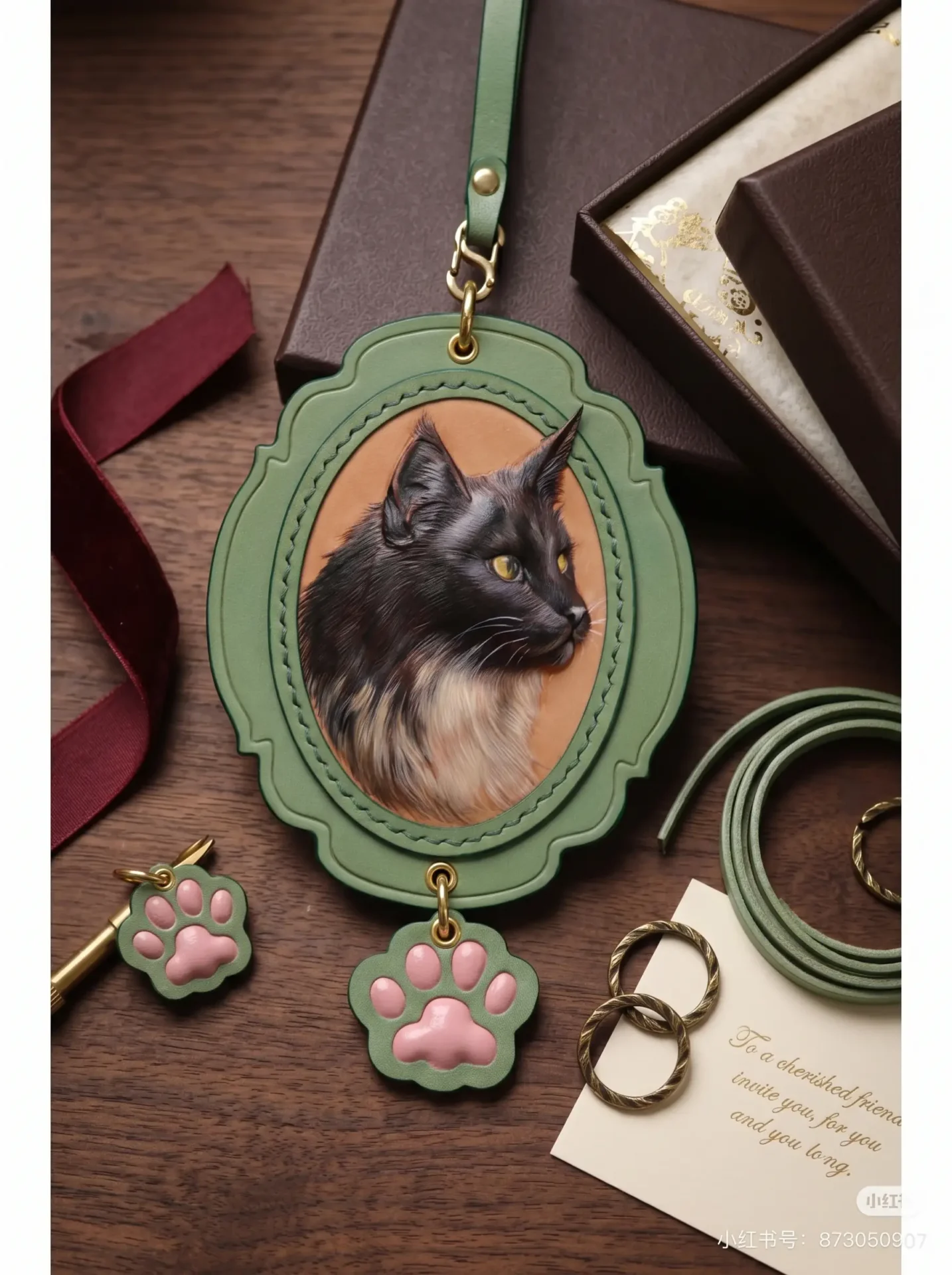 Classic oval cameo leather pet portrait