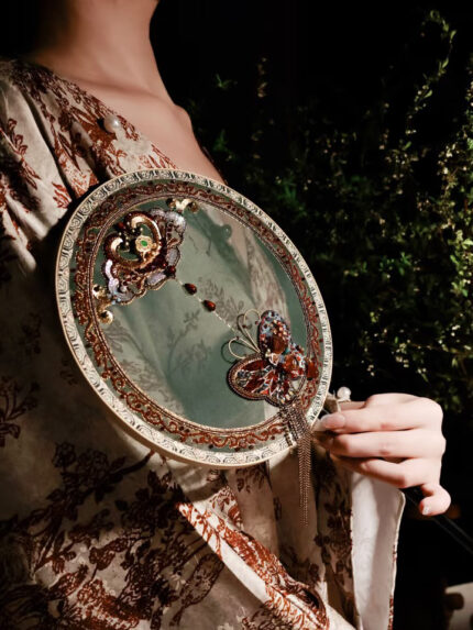 “Butterfly Reverie” — Hand-Beaded Silk Palace Fan with Sandalwood Handle