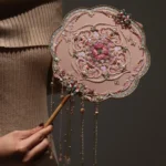 “Peony Reverie” — Hand-Beaded Silk Bridal Palace Fan with Sandalwood Handle