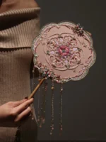 “Peony Reverie” — Hand-Beaded Silk Bridal Palace Fan with Sandalwood Handle