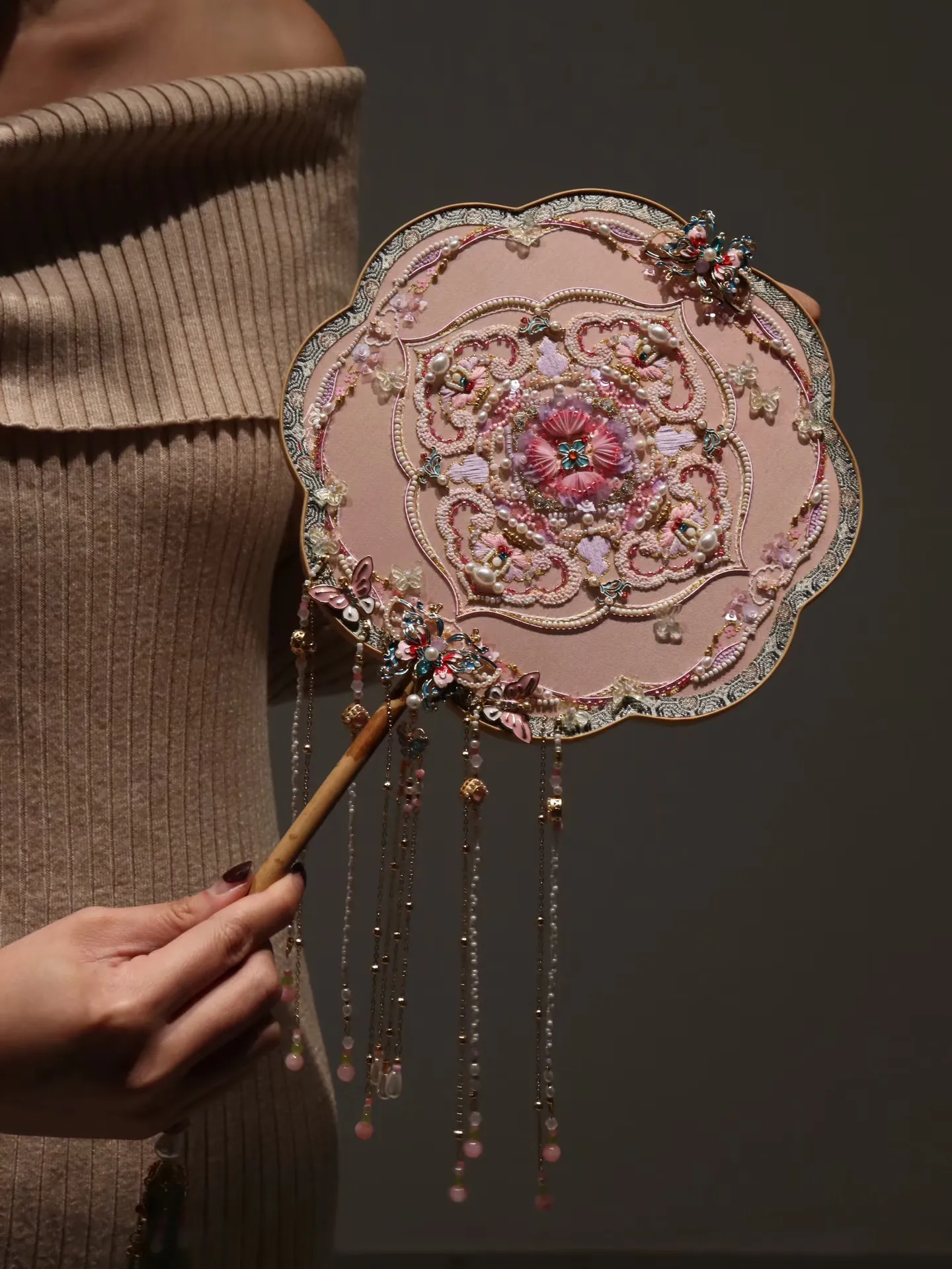 peony-reverie-hand-beaded-bridal-fan-flat-styling “Peony Reverie” — Hand-Beaded Silk Bridal Palace Fan with Sandalwood Handle - Image 1