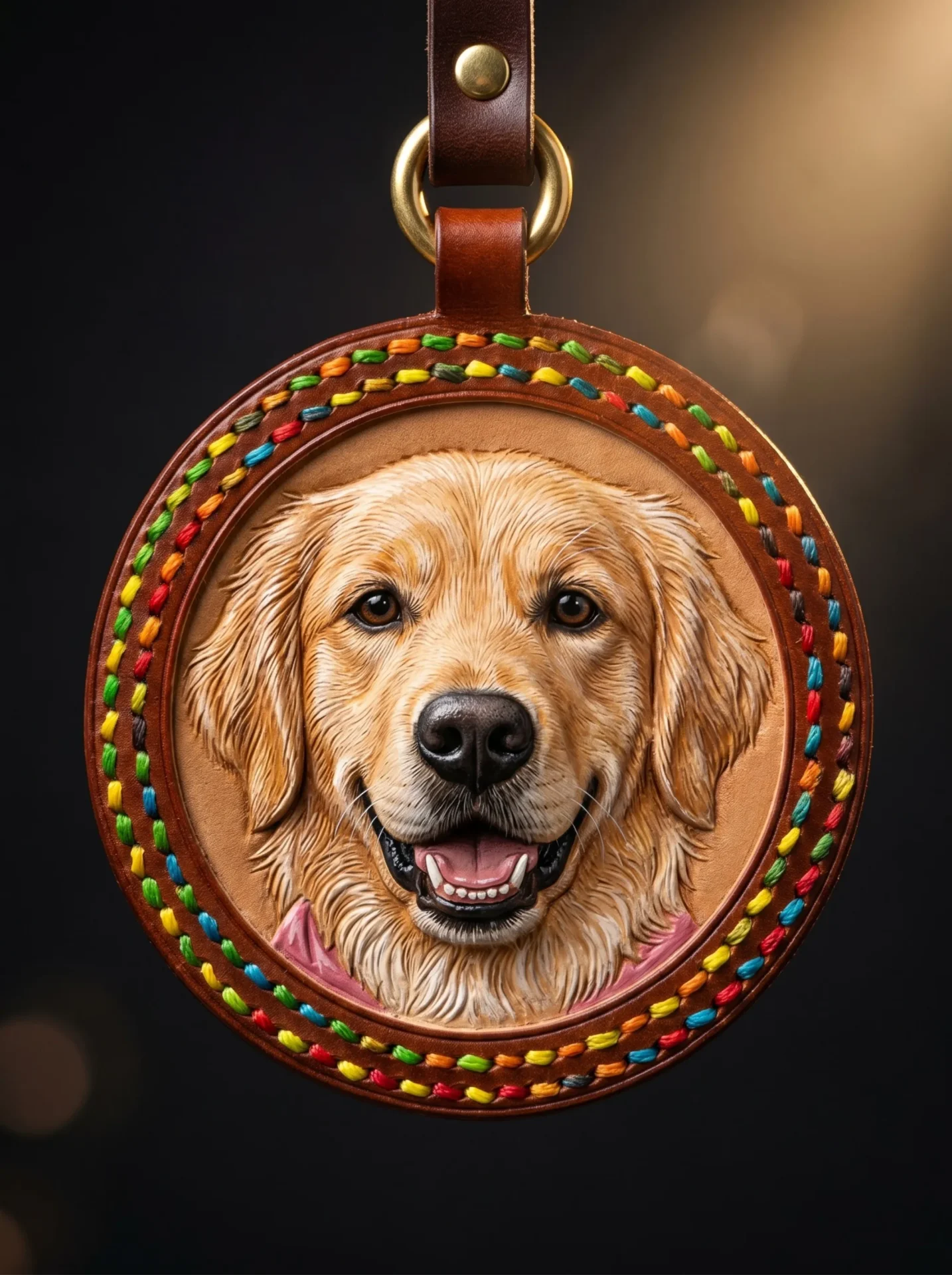 Rainbow stitch hand-carved leather pet charm front view