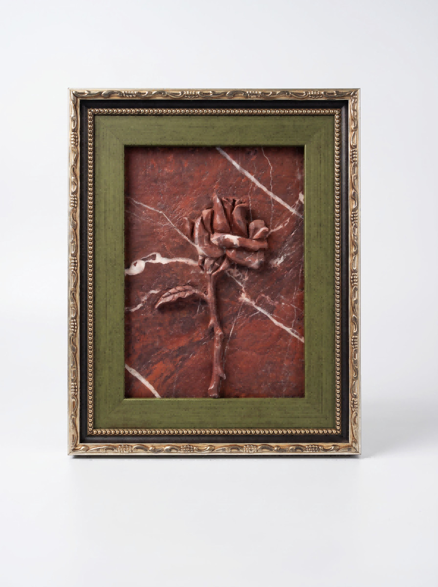 ed-marble-petrified-rose-lifes1 "Stone Keeps the Rose" Hand-Carved 3D Red Marble Botanical Relief | Moody Mid-Century Framed Object Piece - Image 1