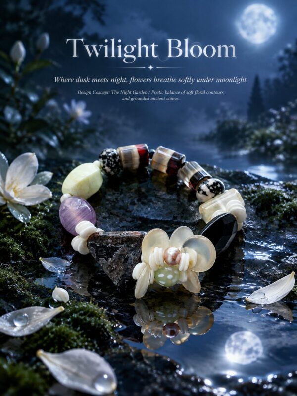 Night Garden bracelet with patterned agate and pale shell petals