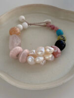 MANOMADE Peach Gummy handmade pink pearl gemstone bracelet, close up view