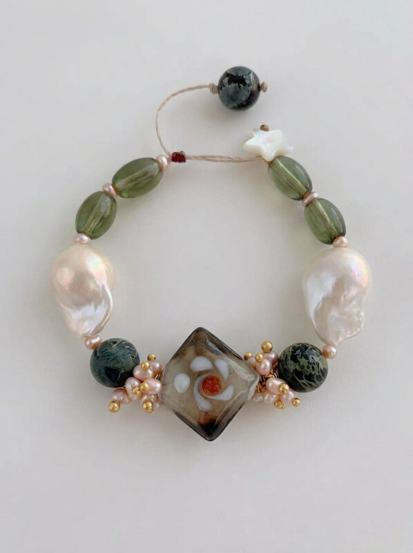 MANOMADE Wild Grass and Vines handmade green gemstone freshwater pearl bracelet, clean product cutout