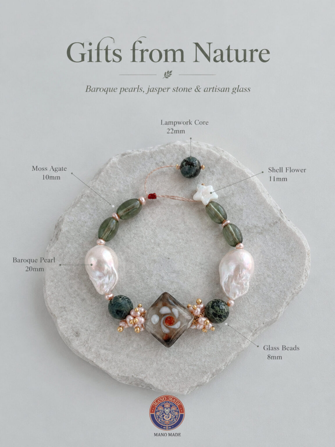 MANOMADE Wild Grass and Vines handmade green gemstone freshwater pearl bracelet, nature lifestyle